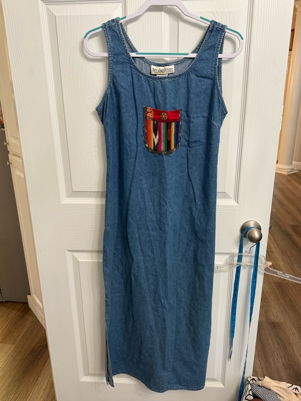 Vintage Piccalino Petites Denim Maxi Dress 6P Patchwork Pocket Made USA Boho